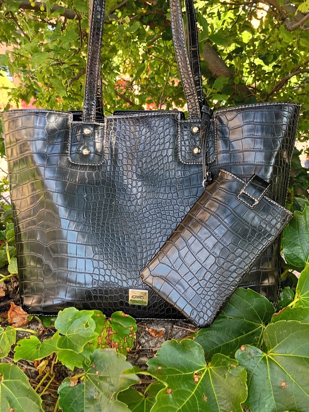 Chaps Black Croc-Embossed Tote with Matching Wristlet